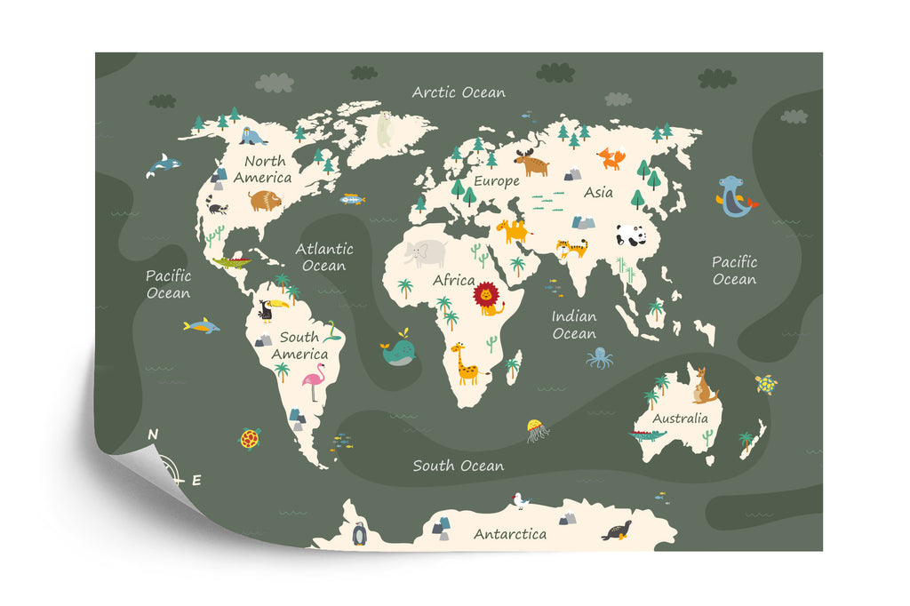 Fototapeta Oliwkowa Mapa Świata Ze Zwierzętami