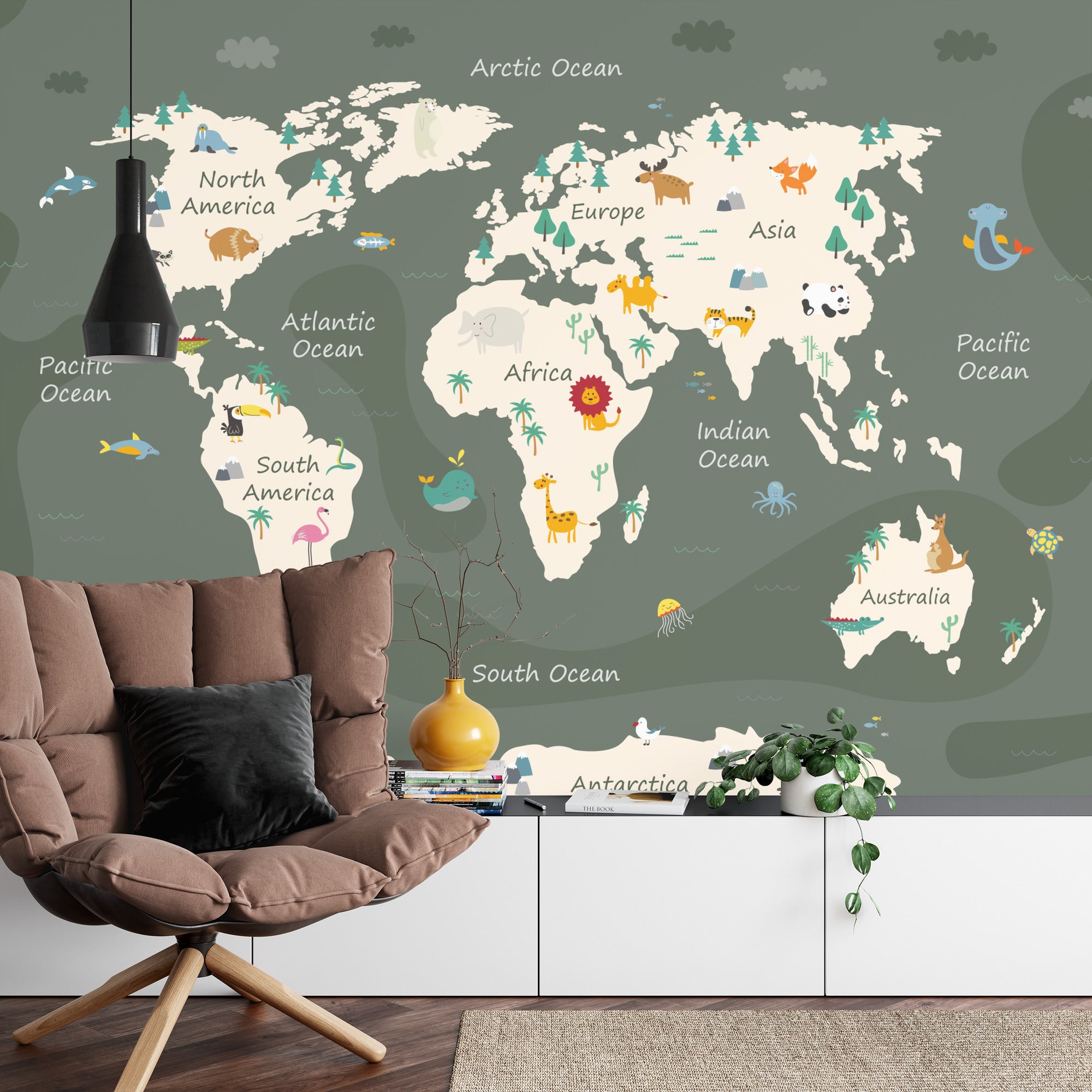 Fototapeta Oliwkowa Mapa Świata Ze Zwierzętami