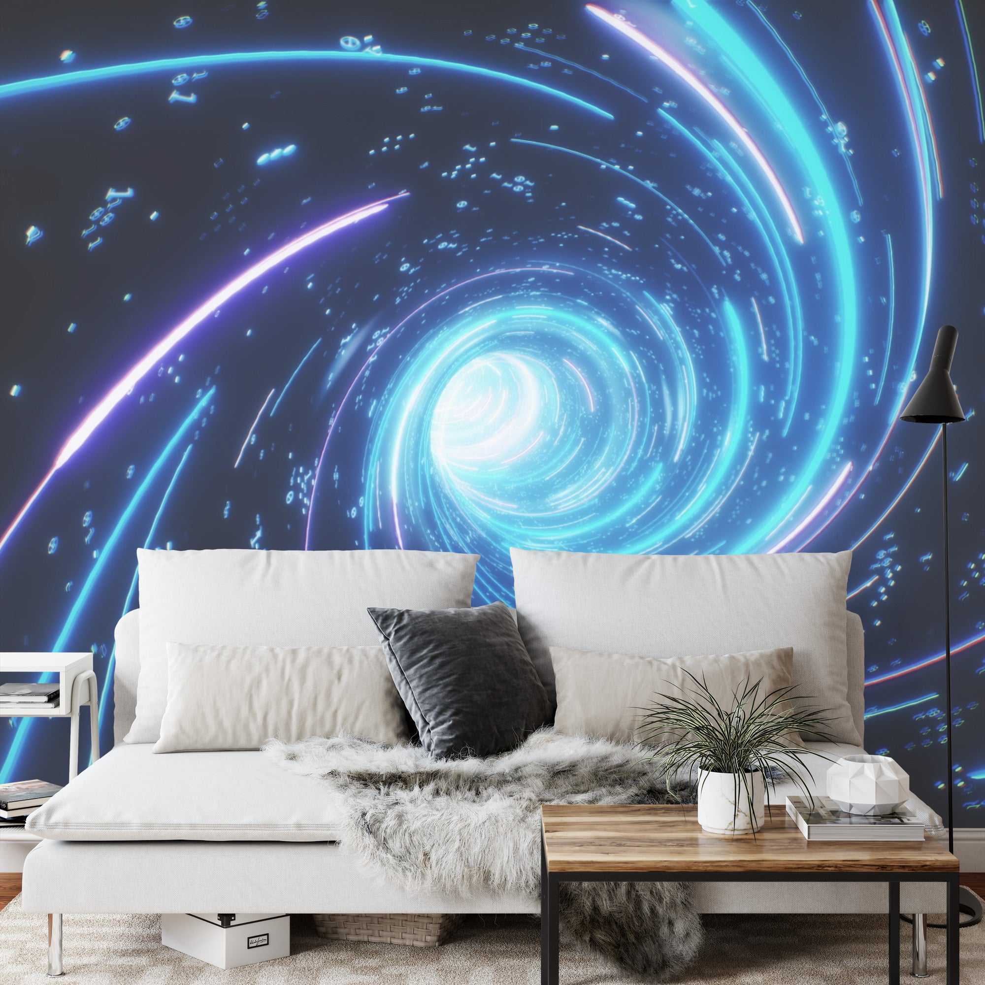 Fototapeta Flying Inside Digital Data Tunnel. Futuristic Abstract Background With Neon Rays. Concept For Big Data, Blockchain, Cryptocurreny, Internet, Hyperspace And Space Travel. 4K 3D Render