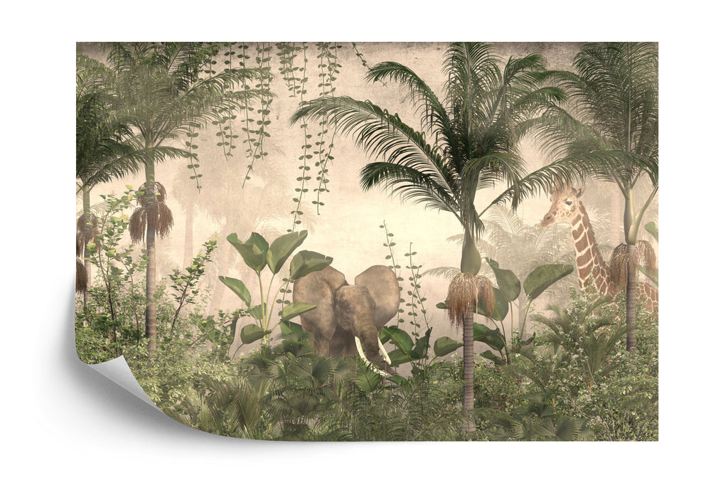 Fototapeta Słoń I Żyrafa Wśród Palm
