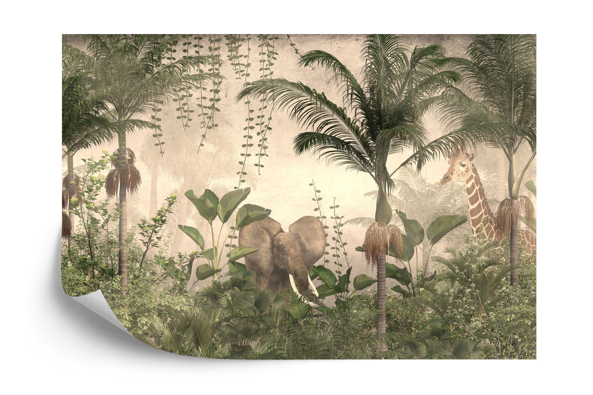 Fototapeta Słoń I Żyrafa Wśród Palm