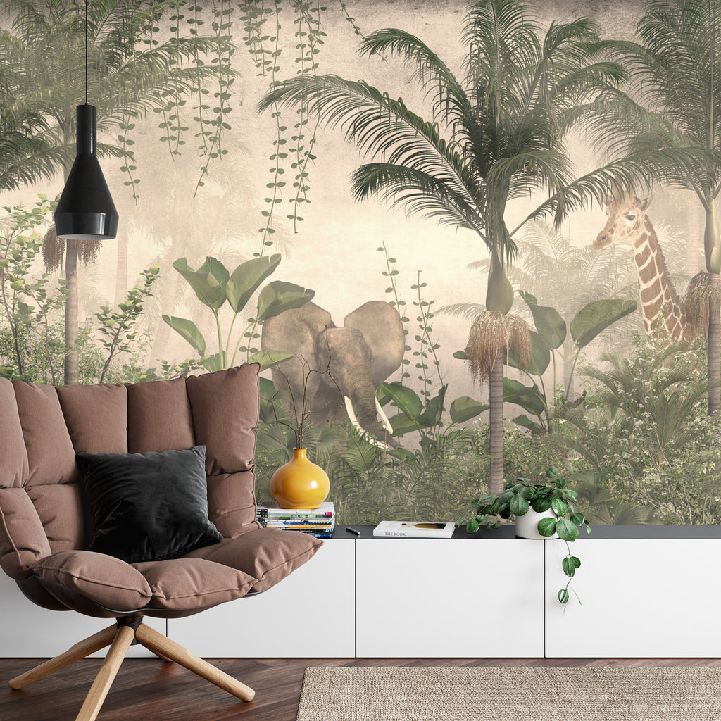 Fototapeta Słoń I Żyrafa Wśród Palm