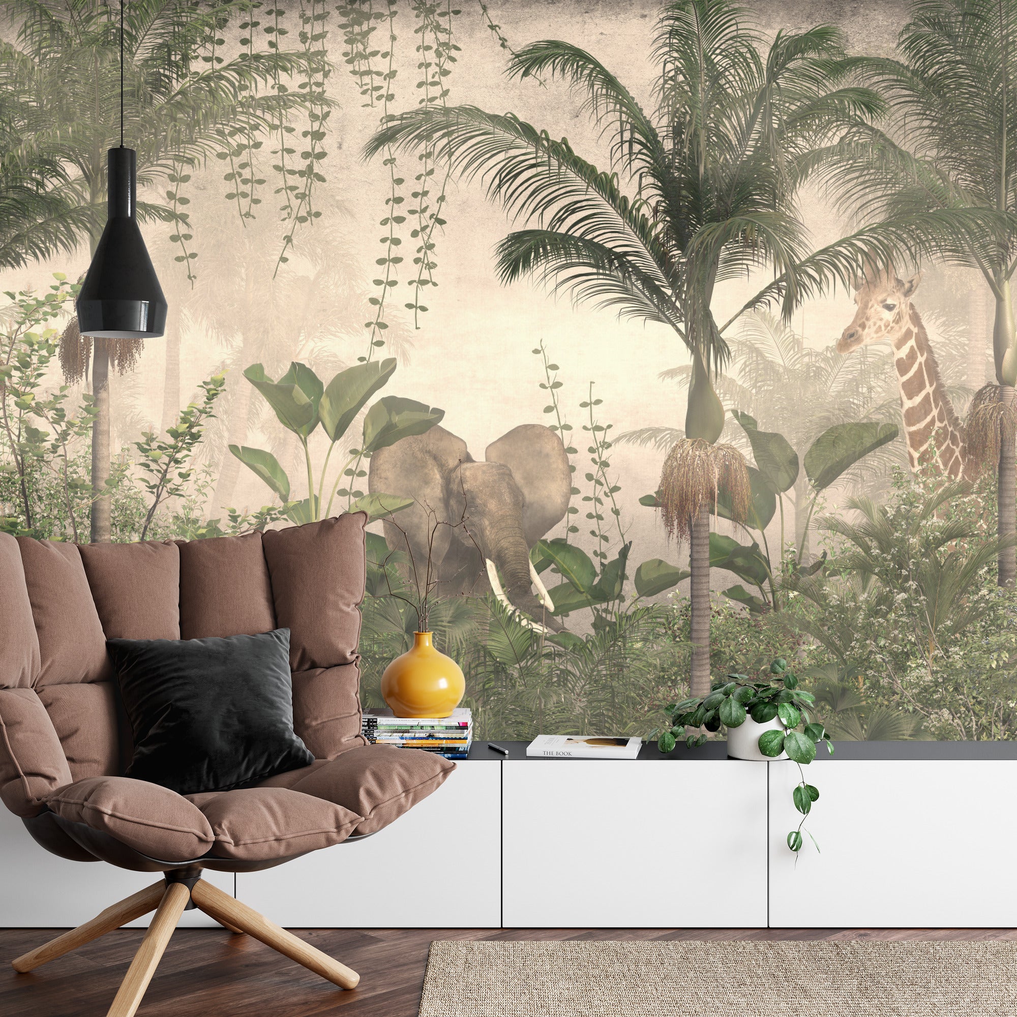 Fototapeta Słoń I Żyrafa Wśród Palm