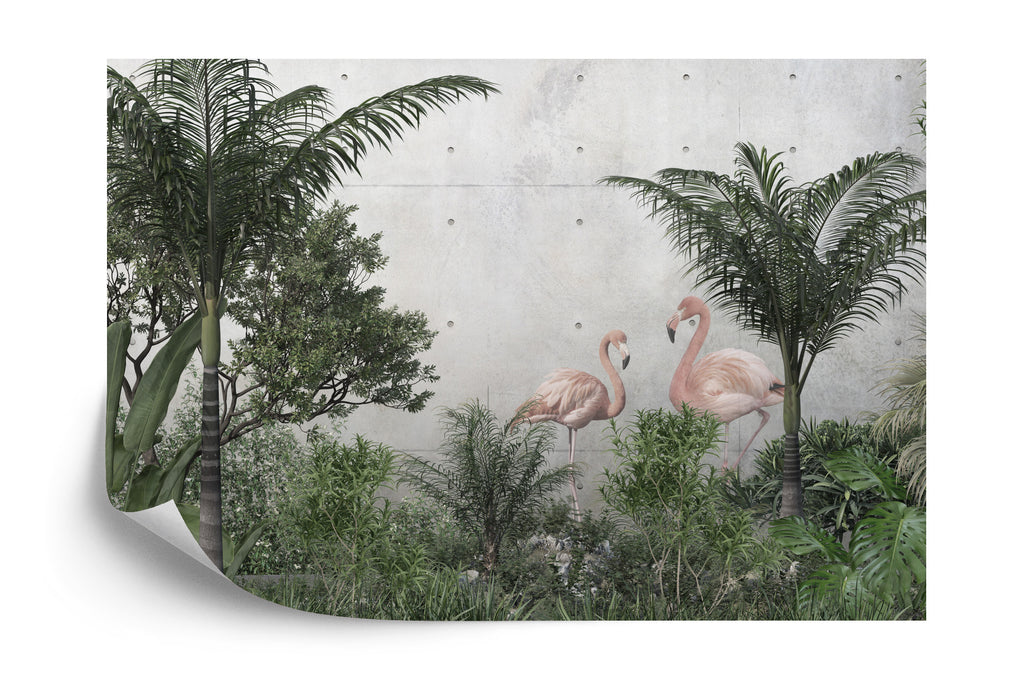 Fototapeta Tropikalne Drzewa Liście I Dwa Różowe Flamingi