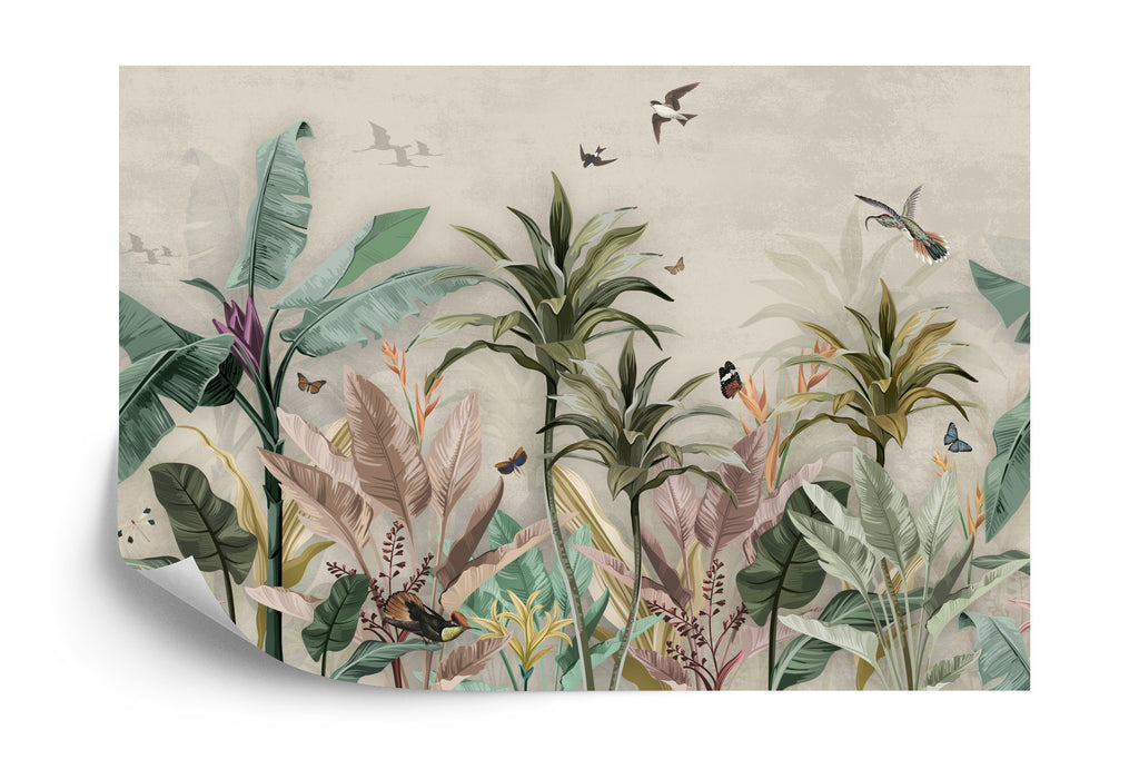 Fototapeta Wallpaper Palm Tropical Forest Vintage Jungle Pattern With Birds