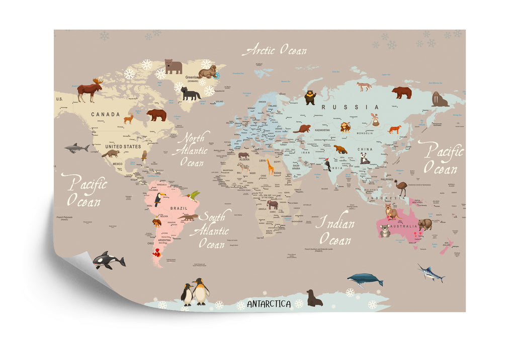 Fototapeta Animals World Map For Kids Wallpaper Design