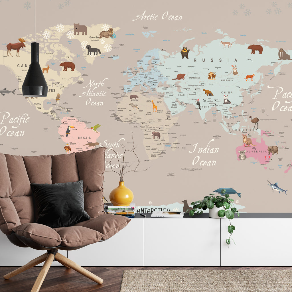 Fototapeta Animals World Map For Kids Wallpaper Design