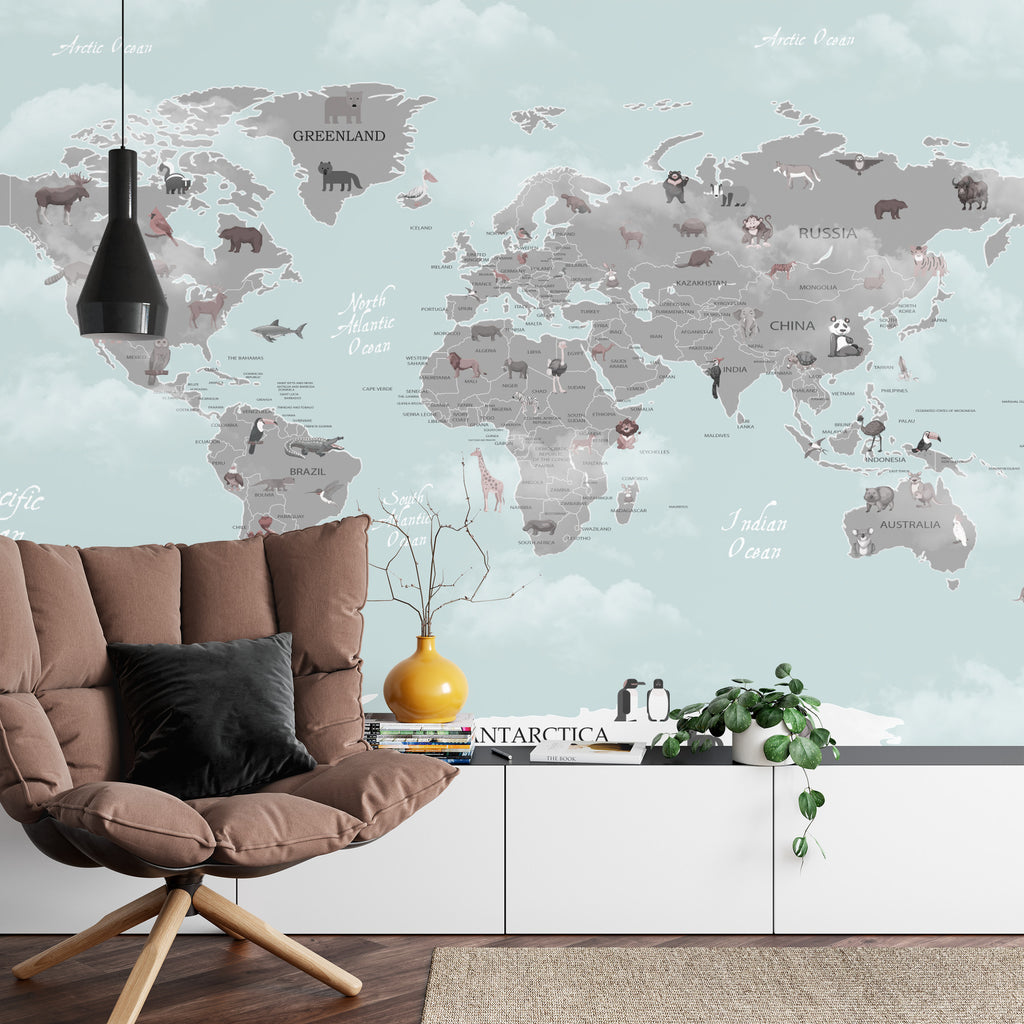 Fototapeta Animals World Map For Kids Wallpaper Design