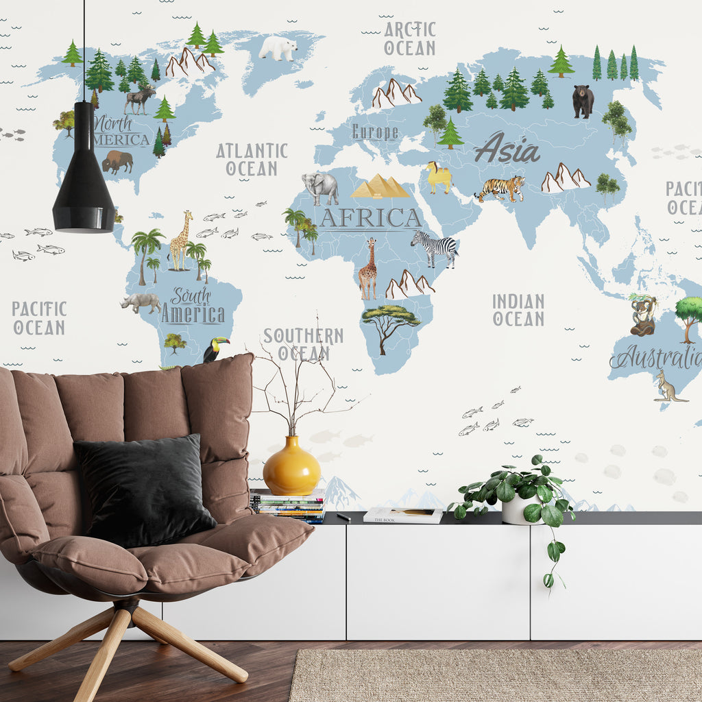 Fototapeta Animals World Map For Kids Wallpaper Design