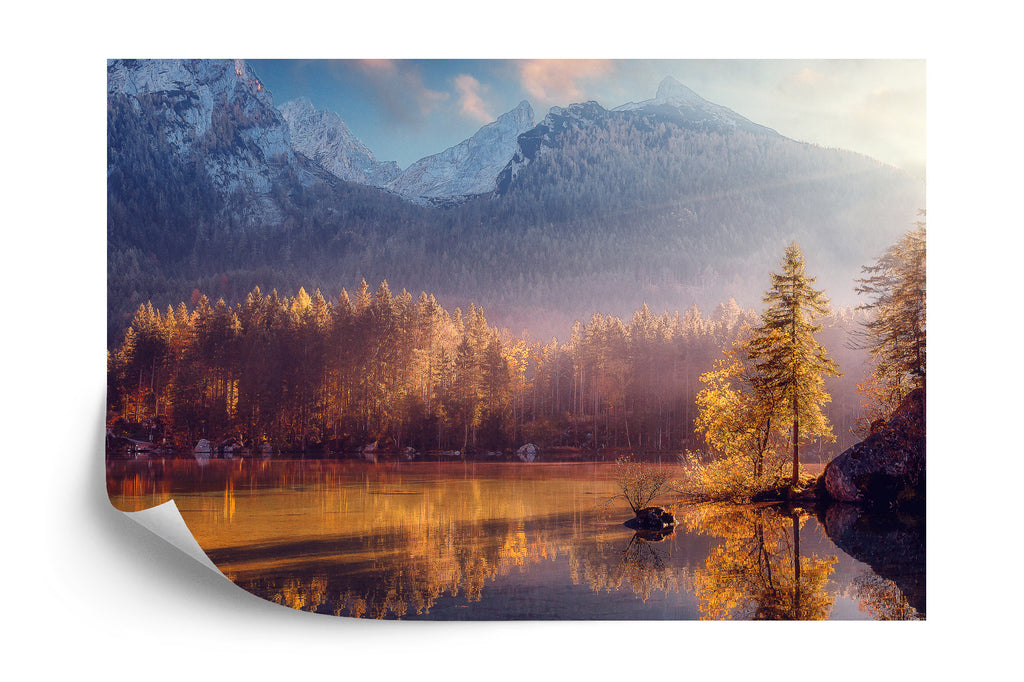 Fototapeta Awesome Nature Scenery. Beautiful Landscape With High Mountains With Illuminated Peaks, Stones In Mountain Lake, Reflection, Blue Sky And Yellow Sunlight In Sunrise. Amazing Nature Background.