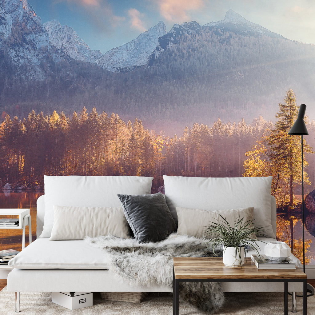 Fototapeta Awesome Nature Scenery. Beautiful Landscape With High Mountains With Illuminated Peaks, Stones In Mountain Lake, Reflection, Blue Sky And Yellow Sunlight In Sunrise. Amazing Nature Background.