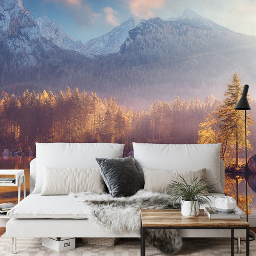 Fototapeta Awesome Nature Scenery. Beautiful Landscape With High Mountains With Illuminated Peaks, Stones In Mountain Lake, Reflection, Blue Sky And Yellow Sunlight In Sunrise. Amazing Nature Background.