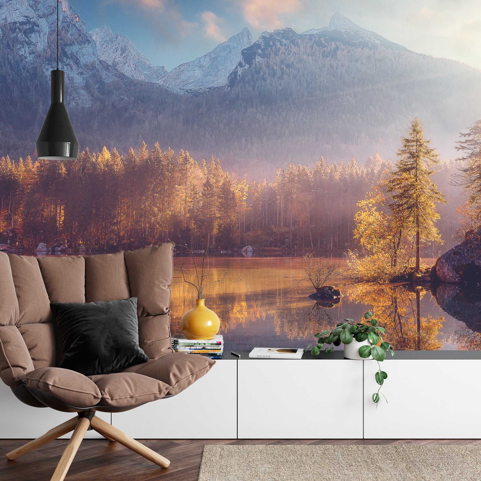 Fototapeta Awesome Nature Scenery. Beautiful Landscape With High Mountains With Illuminated Peaks, Stones In Mountain Lake, Reflection, Blue Sky And Yellow Sunlight In Sunrise. Amazing Nature Background.