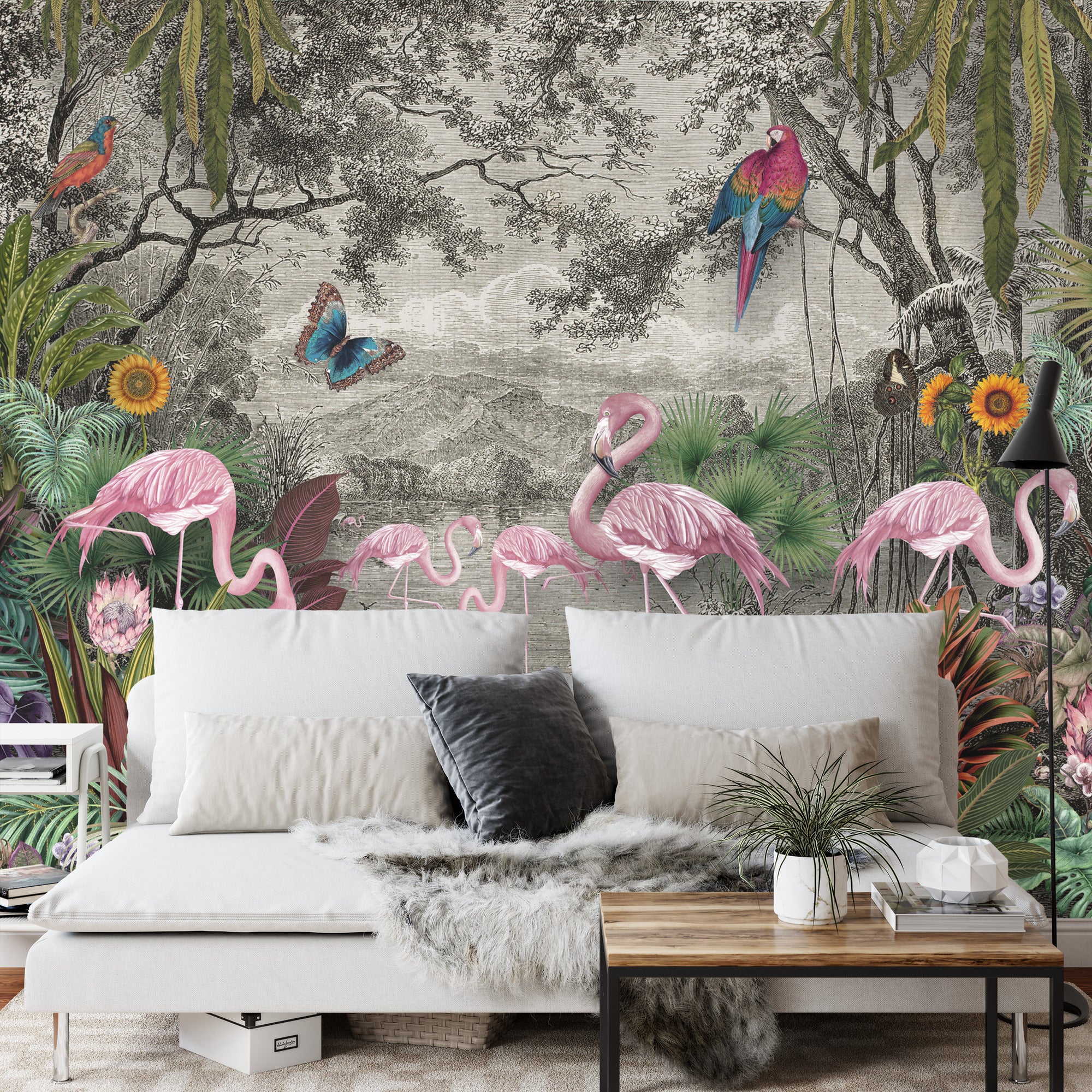 Fototapeta Flamingi Motyle I Ptaki W Kolorowej Dżungli