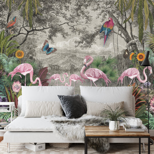 Fototapeta Flamingi Motyle I Ptaki W Kolorowej Dżungli