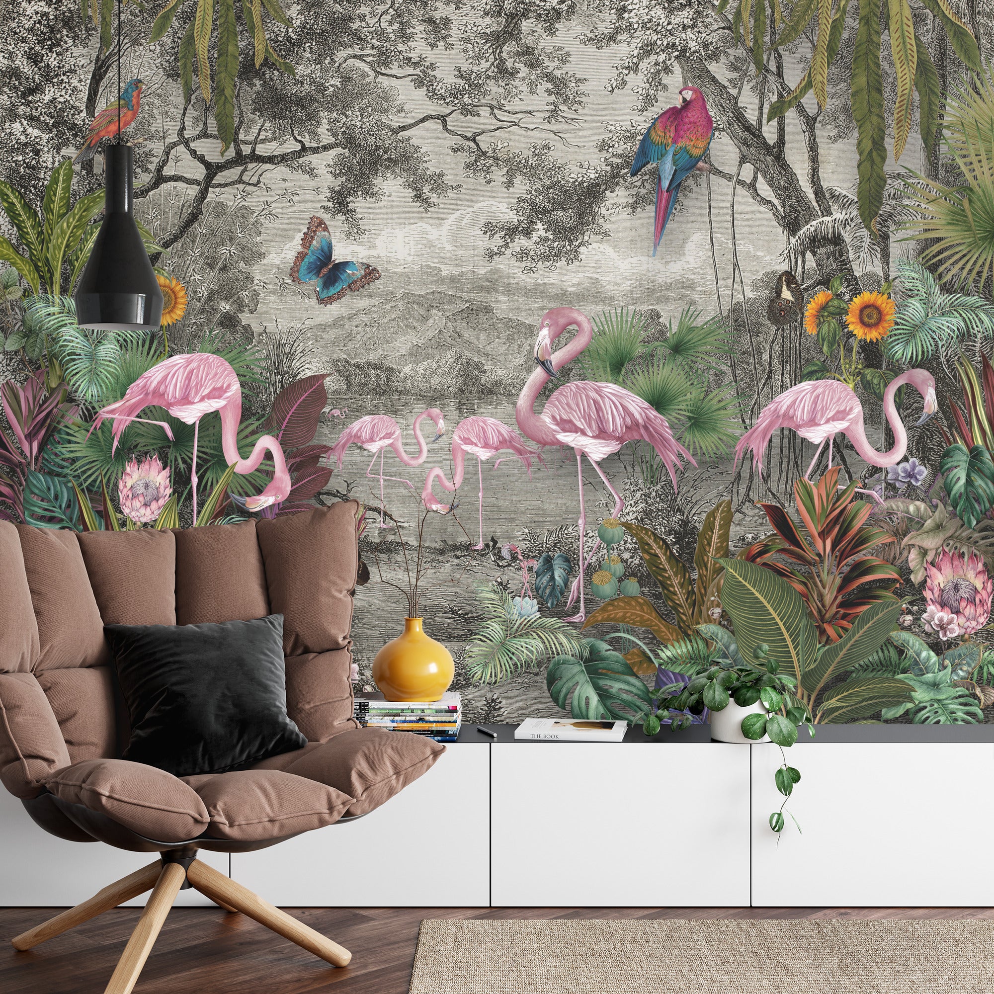 Fototapeta Flamingi Motyle I Ptaki W Kolorowej Dżungli