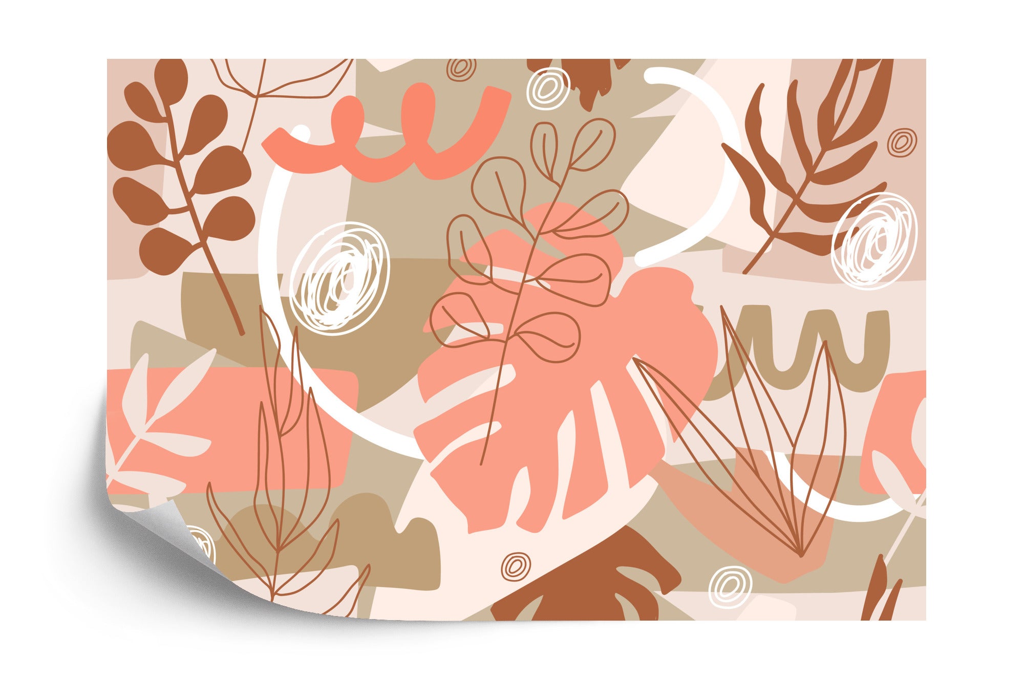 Fototapeta Contemporary Collage Seamless Pattern. Terracotta Abstract Shapes, Tropical Leaves And Continuous Line Of Leaf. Texture For Textile, Packaging, Wrapping Paper, Social Media Post Etc. .