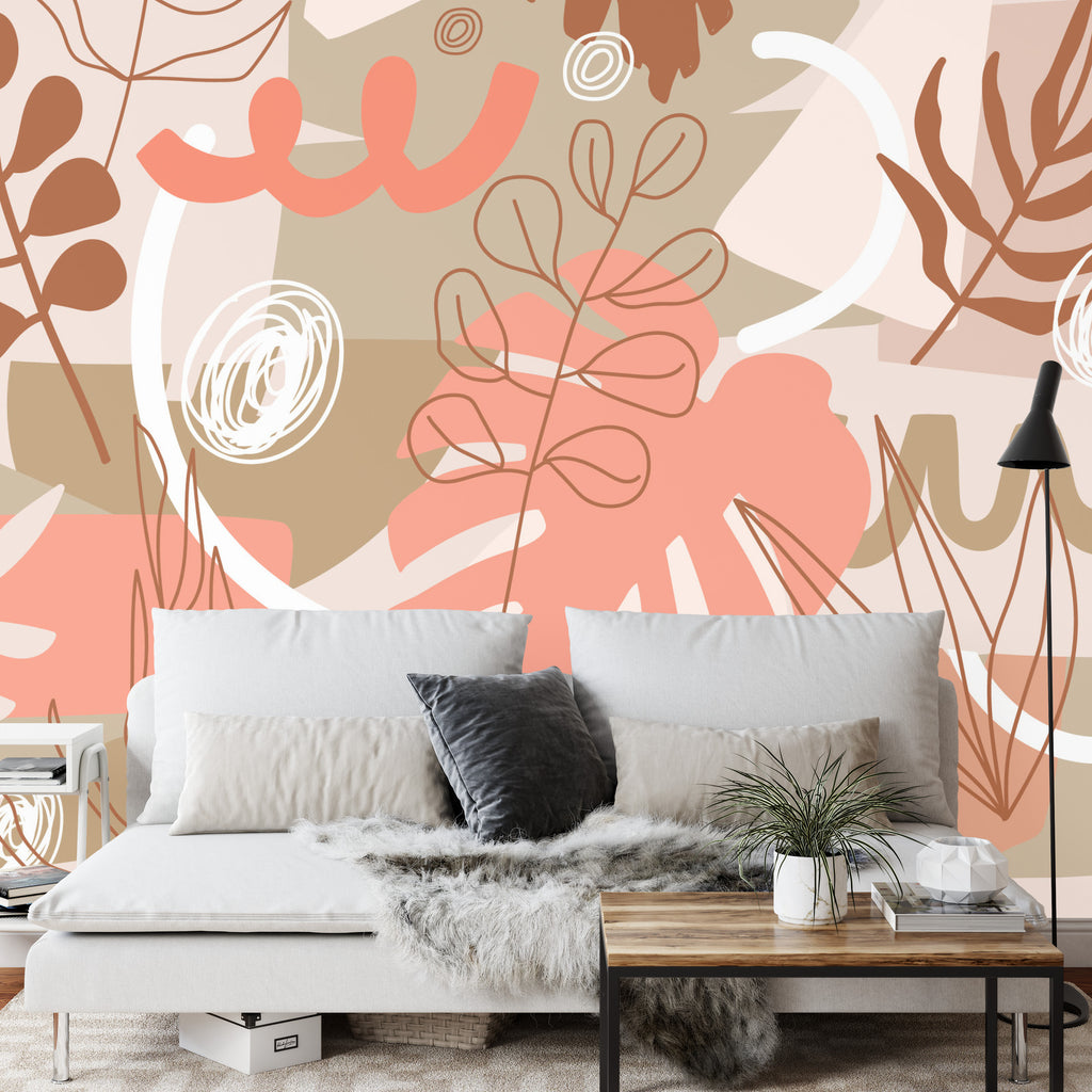 Fototapeta Contemporary Collage Seamless Pattern. Terracotta Abstract Shapes, Tropical Leaves And Continuous Line Of Leaf. Texture For Textile, Packaging, Wrapping Paper, Social Media Post Etc. .
