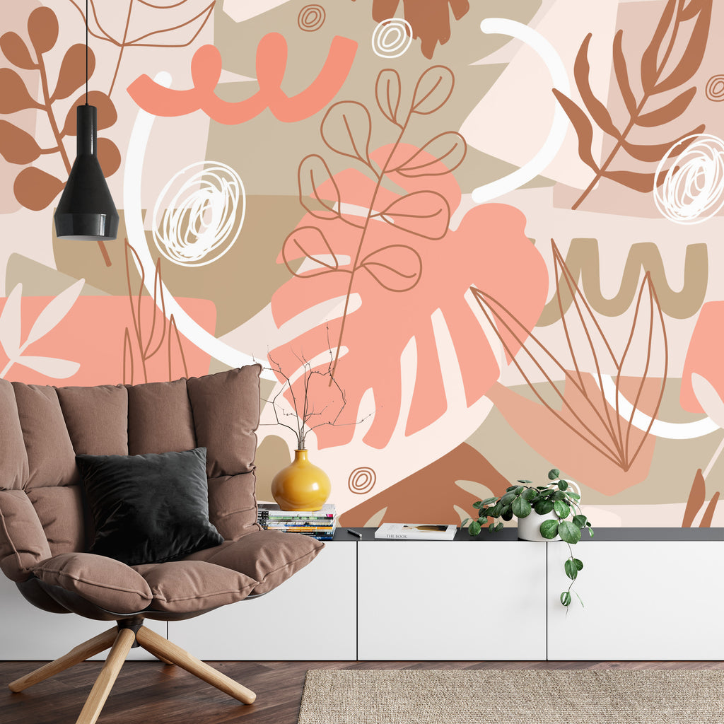 Fototapeta Contemporary Collage Seamless Pattern. Terracotta Abstract Shapes, Tropical Leaves And Continuous Line Of Leaf. Texture For Textile, Packaging, Wrapping Paper, Social Media Post Etc. .