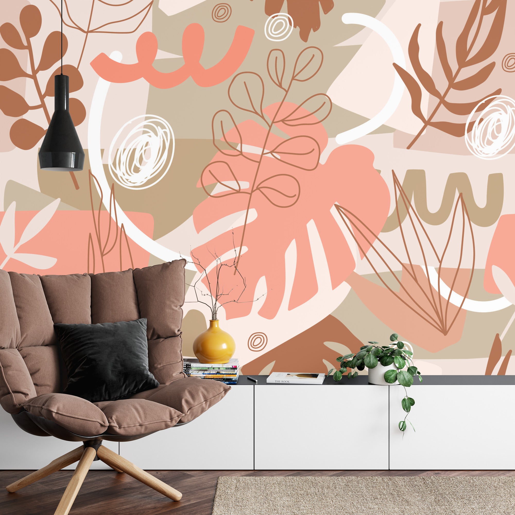 Fototapeta Contemporary Collage Seamless Pattern. Terracotta Abstract Shapes, Tropical Leaves And Continuous Line Of Leaf. Texture For Textile, Packaging, Wrapping Paper, Social Media Post Etc. .