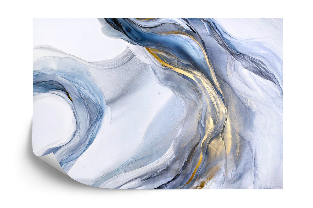 Fototapeta Abstract Blue Art With Gray And Gold — Light Blue Background With Beautiful Smudges And Stains Made With Alcohol Ink And Golden Paint. Blue Fluid Texture Poster Resembles Watercolor Or Aquarelle.