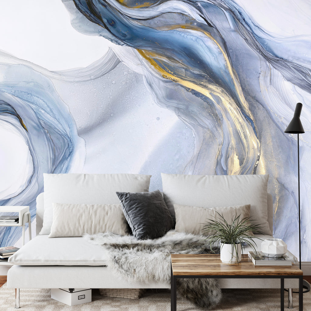 Fototapeta Abstract Blue Art With Gray And Gold — Light Blue Background With Beautiful Smudges And Stains Made With Alcohol Ink And Golden Paint. Blue Fluid Texture Poster Resembles Watercolor Or Aquarelle.