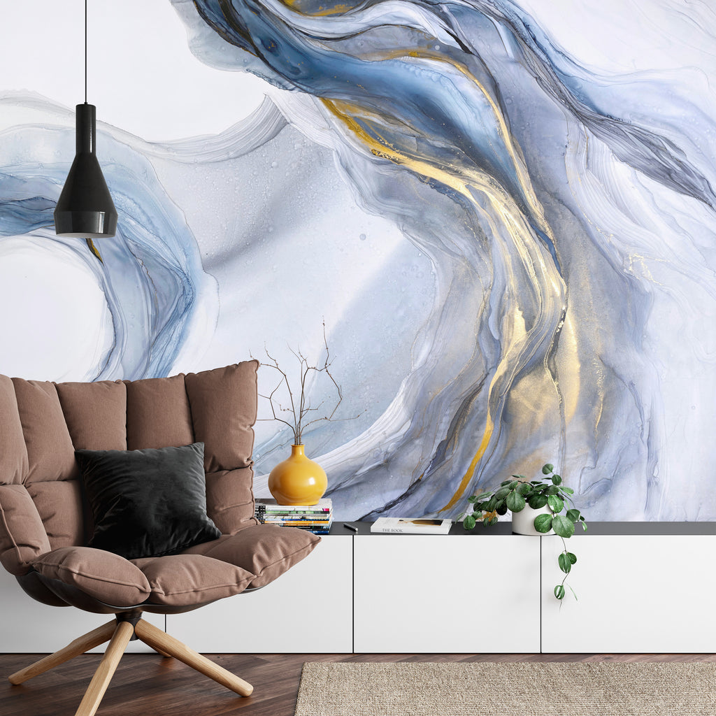 Fototapeta Abstract Blue Art With Gray And Gold — Light Blue Background With Beautiful Smudges And Stains Made With Alcohol Ink And Golden Paint. Blue Fluid Texture Poster Resembles Watercolor Or Aquarelle.