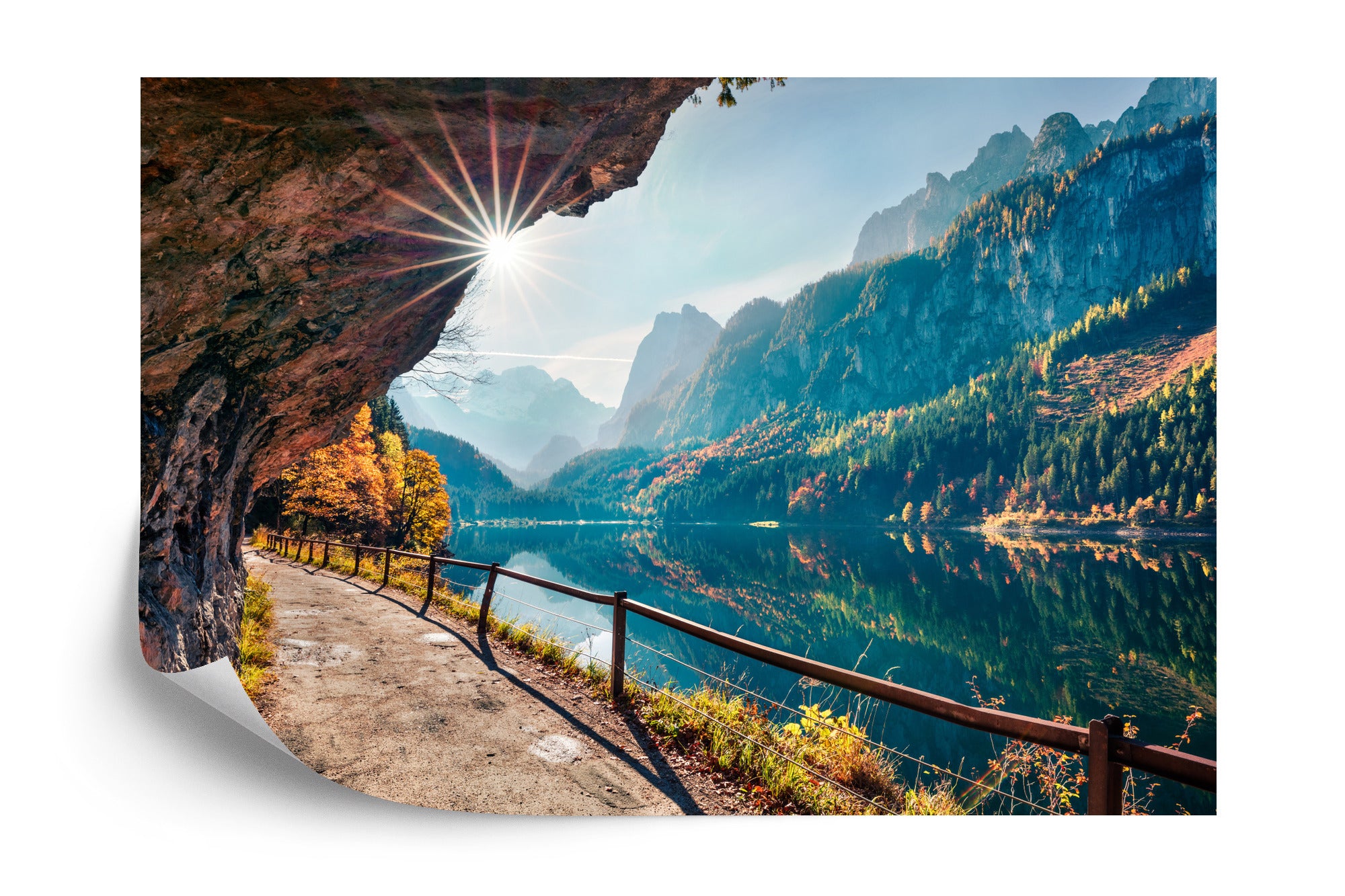 Fototapeta Sunny Autumn Scene Of Vorderer ( Gosausee ) Lake. Colorful Morning View Of Austrian Alps, Upper Austria, Europe. Beauty Of Nature Concept Background.