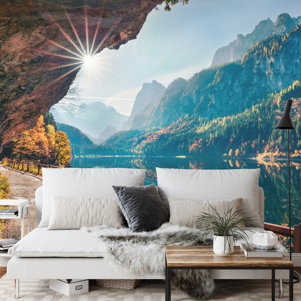 Fototapeta Sunny Autumn Scene Of Vorderer ( Gosausee ) Lake. Colorful Morning View Of Austrian Alps, Upper Austria, Europe. Beauty Of Nature Concept Background.