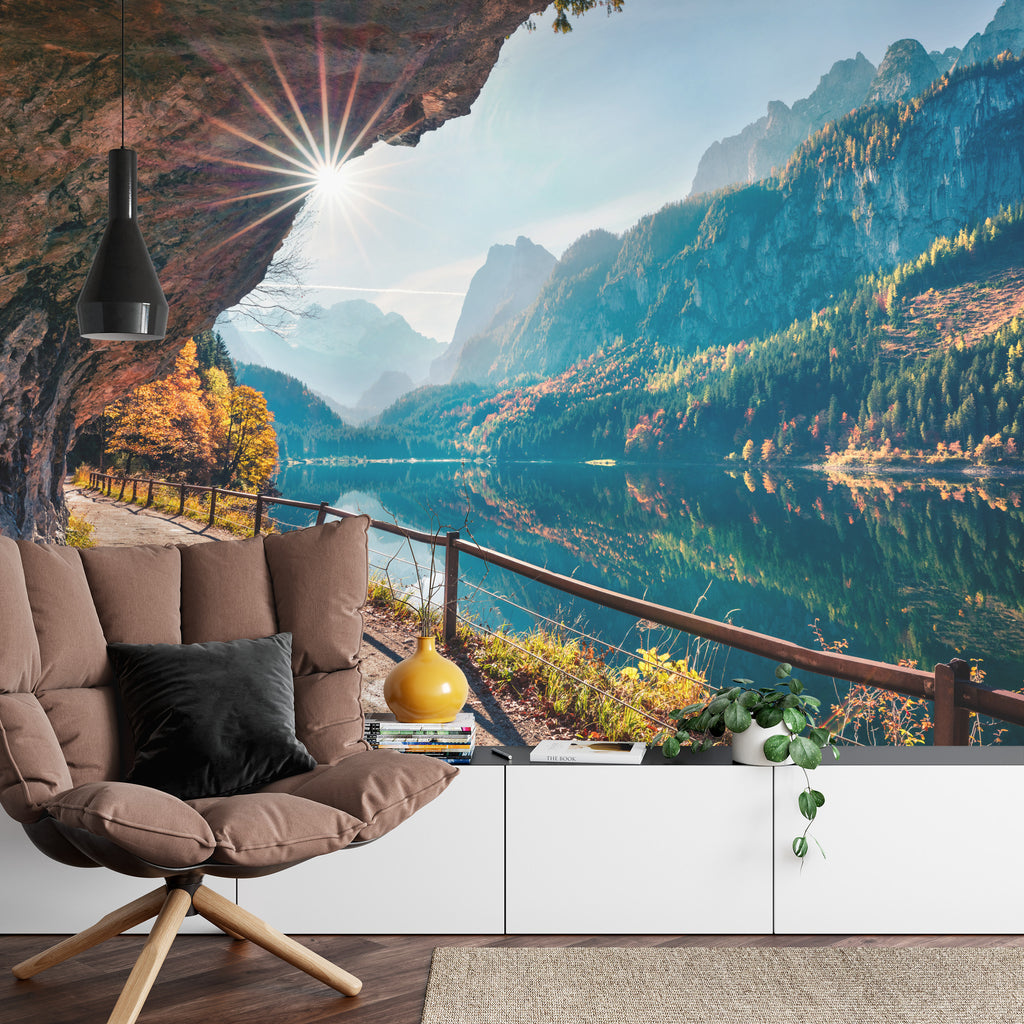 Fototapeta Sunny Autumn Scene Of Vorderer ( Gosausee ) Lake. Colorful Morning View Of Austrian Alps, Upper Austria, Europe. Beauty Of Nature Concept Background.