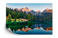 Fototapeta Calm Morning View Of Fusine Lake. Colorful Summer Sunrise In Julian Alps With Mangart Peak On Background, Province Of Udine, Italy, Europe. Beauty Of Nature Concept Background.