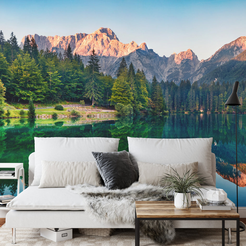 Fototapeta Calm Morning View Of Fusine Lake. Colorful Summer Sunrise In Julian Alps With Mangart Peak On Background, Province Of Udine, Italy, Europe. Beauty Of Nature Concept Background.