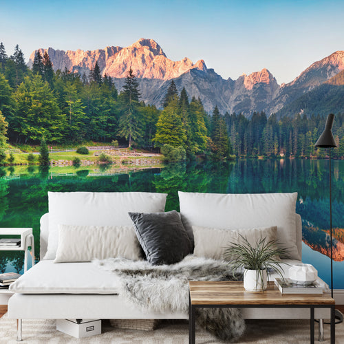 Fototapeta Calm Morning View Of Fusine Lake. Colorful Summer Sunrise In Julian Alps With Mangart Peak On Background, Province Of Udine, Italy, Europe. Beauty Of Nature Concept Background.