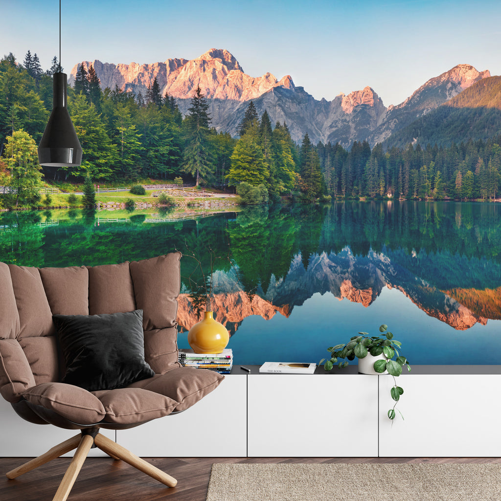 Fototapeta Calm Morning View Of Fusine Lake. Colorful Summer Sunrise In Julian Alps With Mangart Peak On Background, Province Of Udine, Italy, Europe. Beauty Of Nature Concept Background.