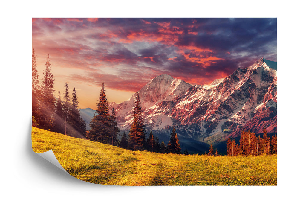 Fototapeta Awesome Alpine Highlands In Sunny Day. Scenic Image Of Fairy-Tale Landscape With Colorful Sky Under Sunlit, Over The Majestic Rock Mountains. Wild Area. Megical Natural Background. Creative Image