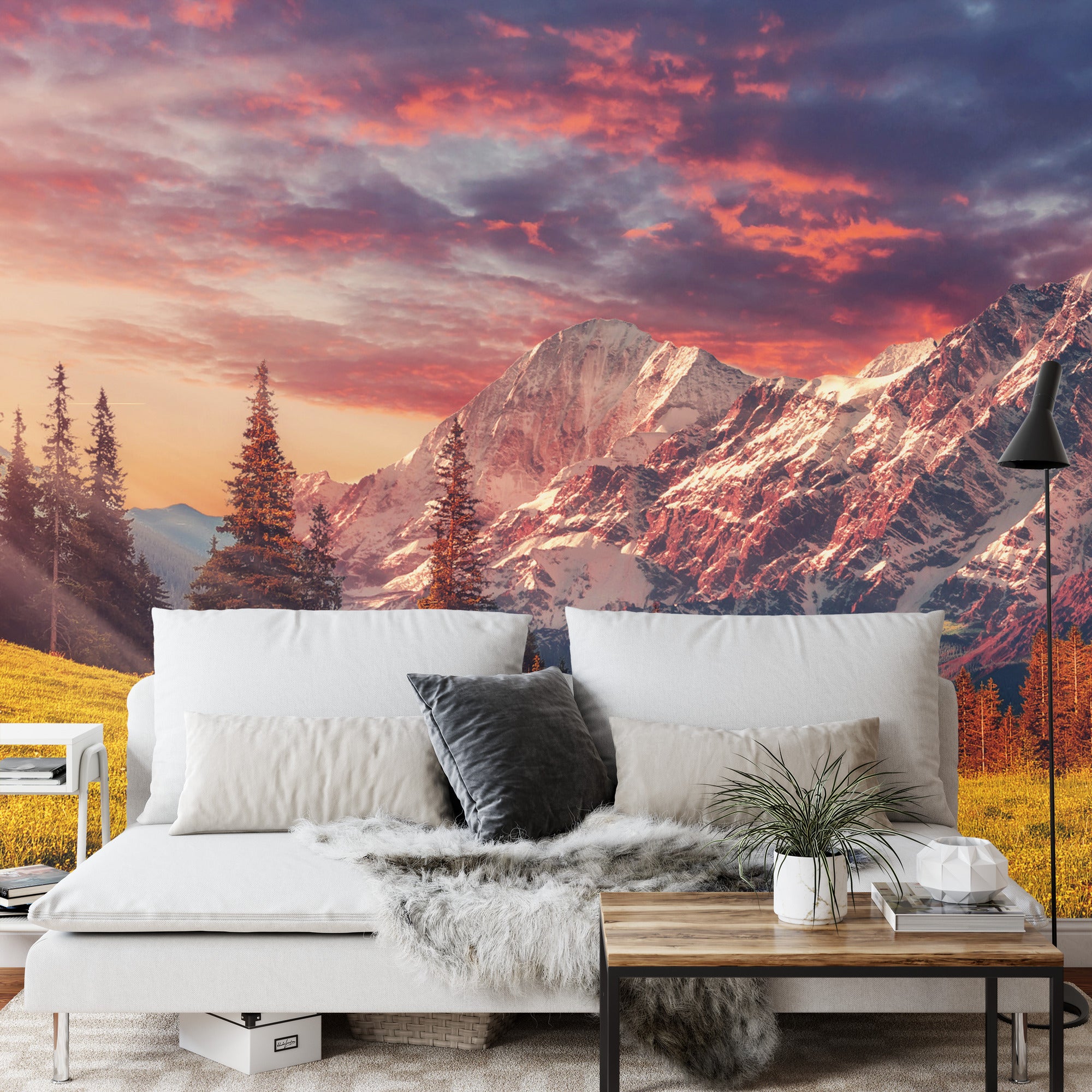 Fototapeta Awesome Alpine Highlands In Sunny Day. Scenic Image Of Fairy-Tale Landscape With Colorful Sky Under Sunlit, Over The Majestic Rock Mountains. Wild Area. Megical Natural Background. Creative Image