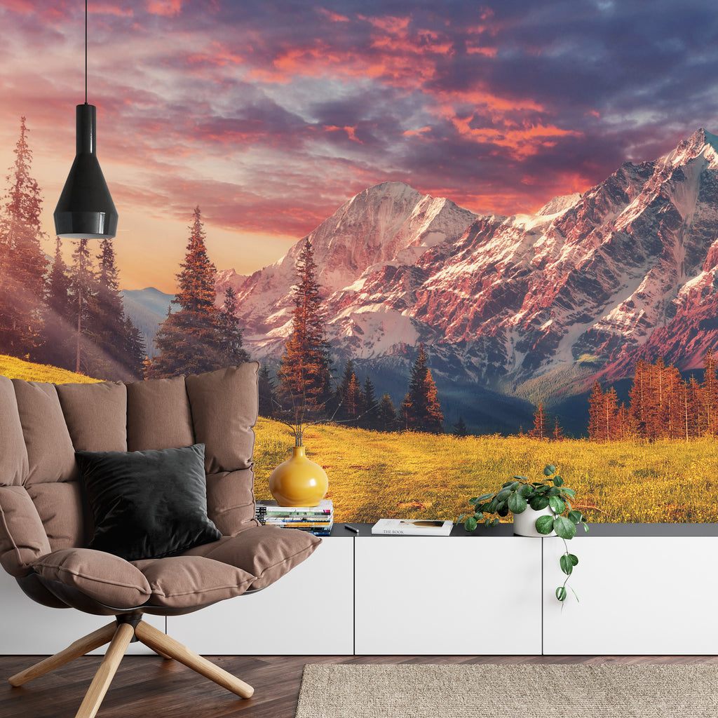 Fototapeta Awesome Alpine Highlands In Sunny Day. Scenic Image Of Fairy-Tale Landscape With Colorful Sky Under Sunlit, Over The Majestic Rock Mountains. Wild Area. Megical Natural Background. Creative Image