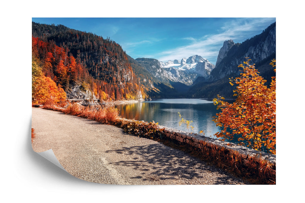 Fototapeta Beautiful Landscape Mountain Forest Lake. Amazing Autumn View Of Grundlsee Alpine Lake. Great Autumn Background For Design. Colorful Scenery In Alps. Popular Travel And Hiking Destination.