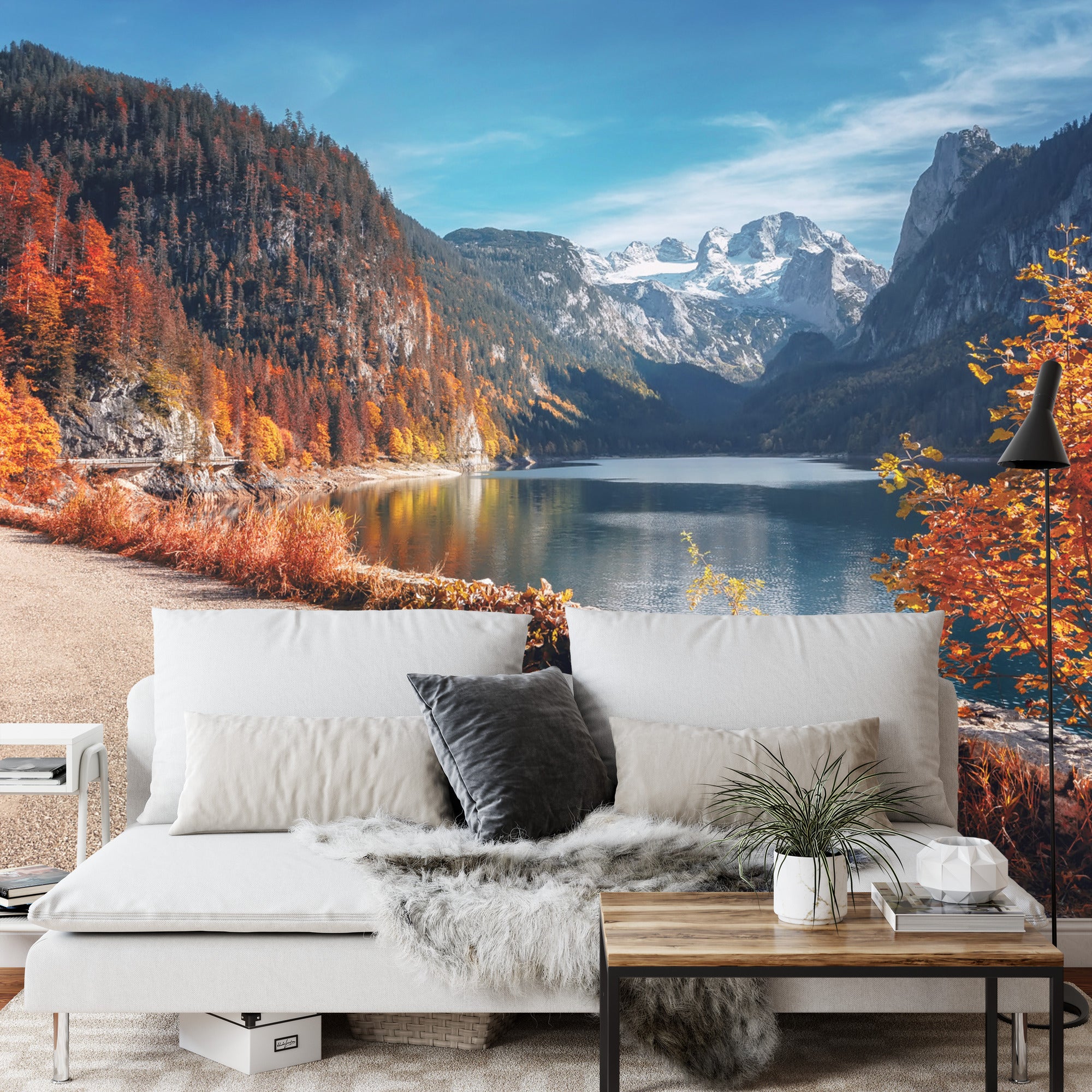 Fototapeta Beautiful Landscape Mountain Forest Lake. Amazing Autumn View Of Grundlsee Alpine Lake. Great Autumn Background For Design. Colorful Scenery In Alps. Popular Travel And Hiking Destination.