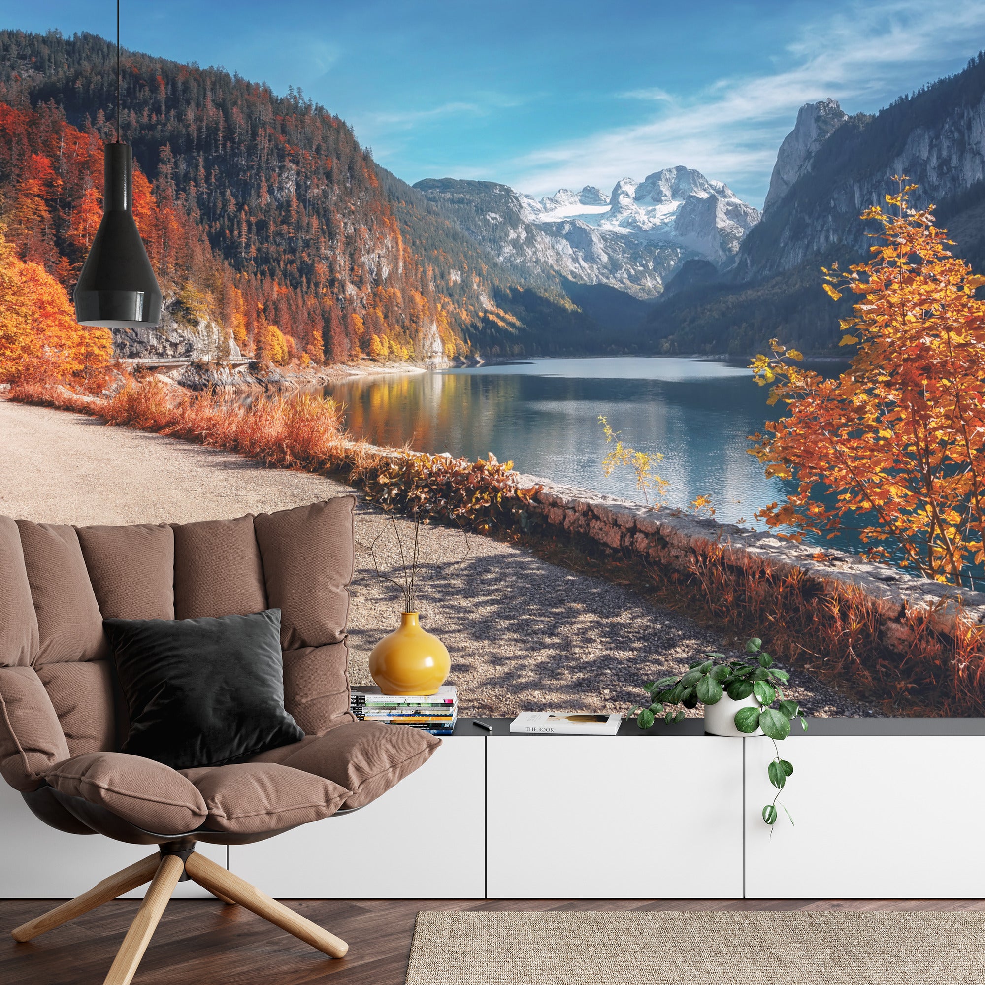 Fototapeta Beautiful Landscape Mountain Forest Lake. Amazing Autumn View Of Grundlsee Alpine Lake. Great Autumn Background For Design. Colorful Scenery In Alps. Popular Travel And Hiking Destination.