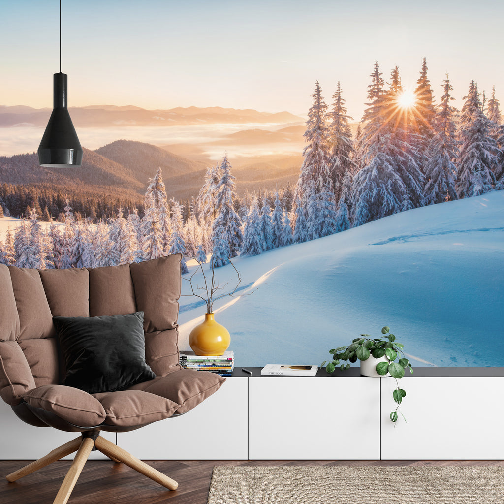 Fototapeta Impressive Winter Morning In Carpathian Mountains With Snow Covered Fir Trees. Colorful Outdoor Scene, Happy New Year Celebration Concept. Artistic Style Post Processed Photo.