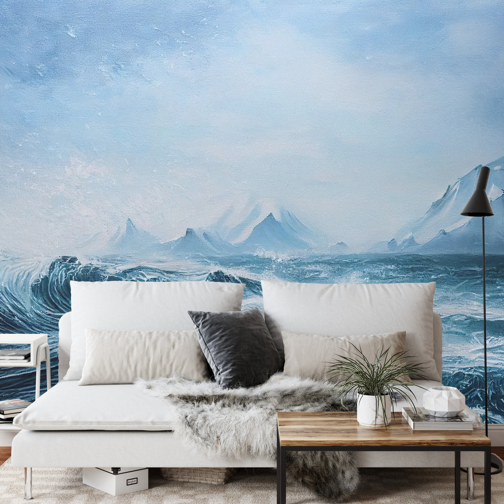 Fototapeta Silne Fale Oceanu I Ośnieżone Góry W Tle
