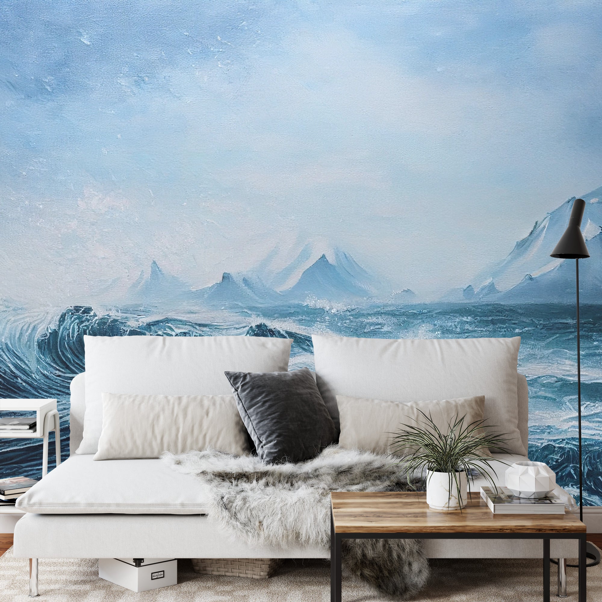 Fototapeta Silne Fale Oceanu I Ośnieżone Góry W Tle