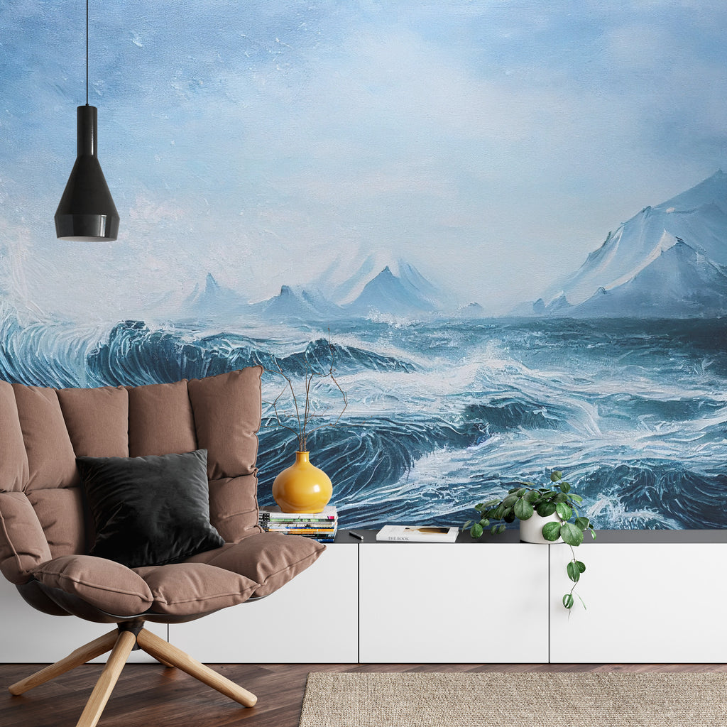 Fototapeta Silne Fale Oceanu I Ośnieżone Góry W Tle