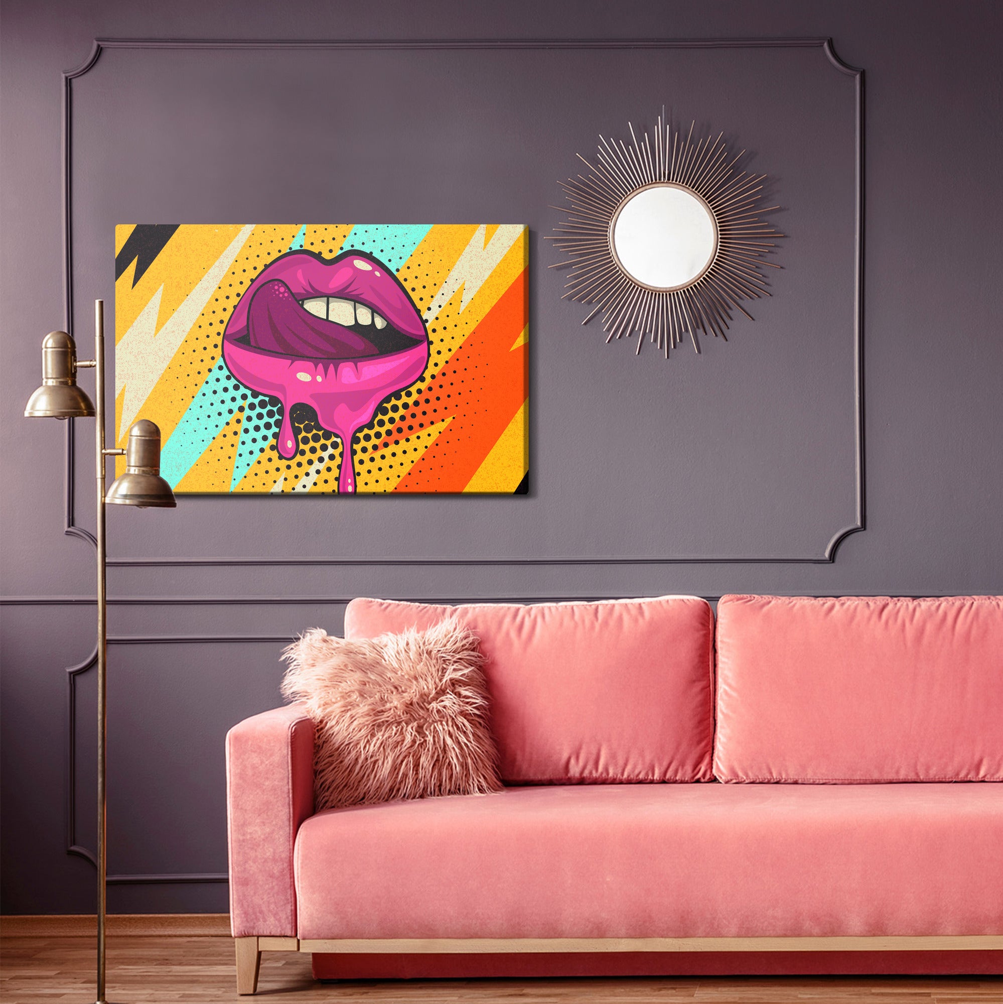 Obraz Na Płótnie Różowe Usta Na Kolorowym Tle W Stylu Retro Pop-Art