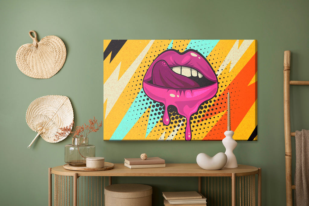 Obraz Na Płótnie Różowe Usta Na Kolorowym Tle W Stylu Retro Pop-Art