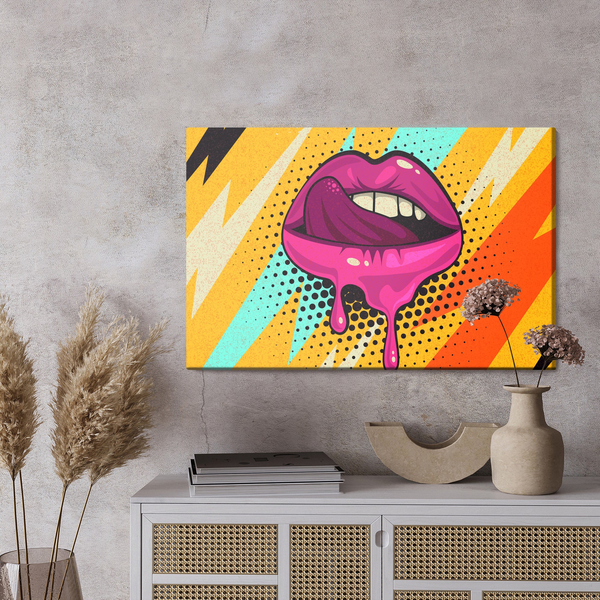 Obraz Na Płótnie Różowe Usta Na Kolorowym Tle W Stylu Retro Pop-Art