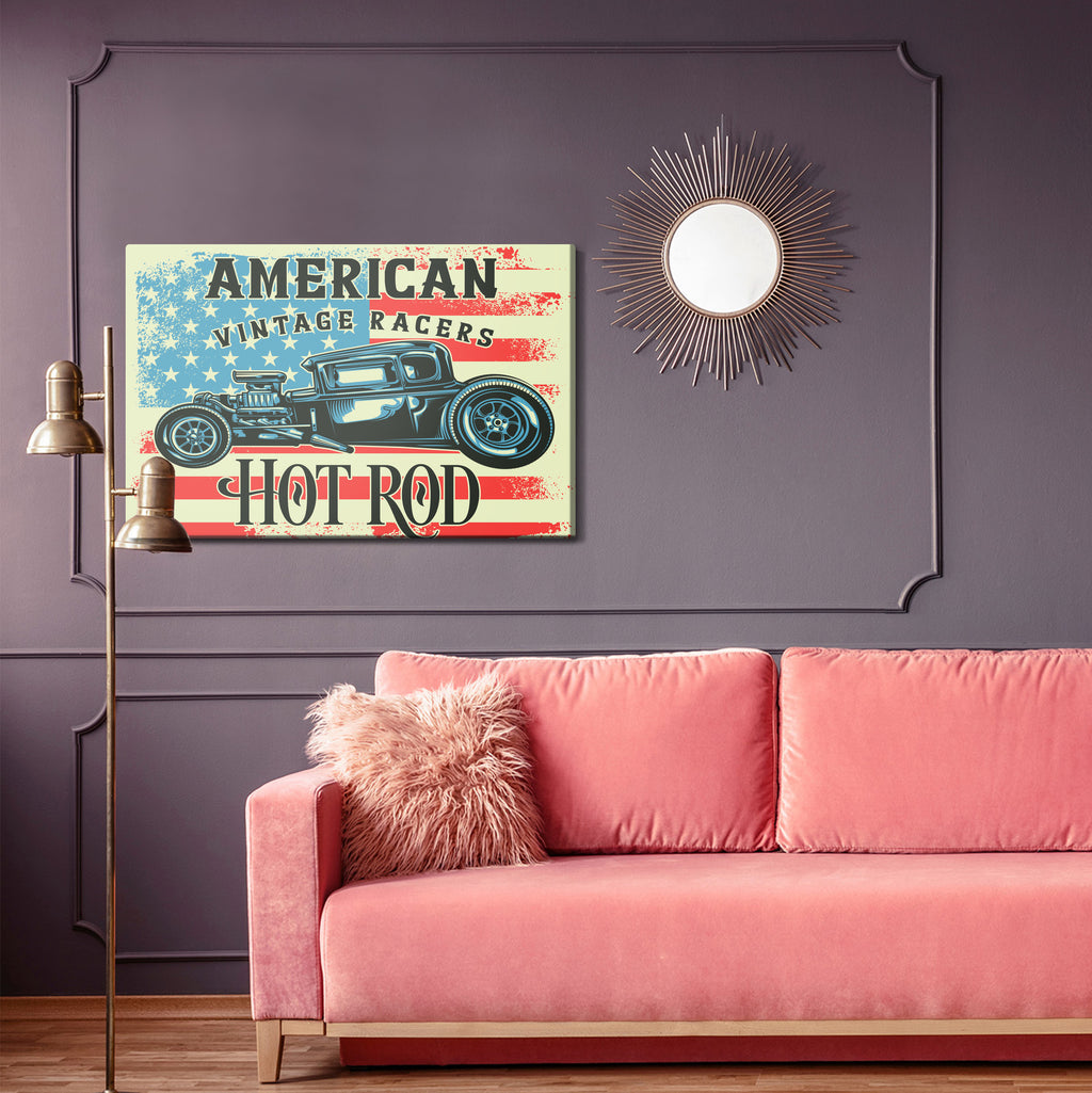 Obraz Na Płótnie Stary Samochód Na Tle Amerykańskiej Flagi Vintage