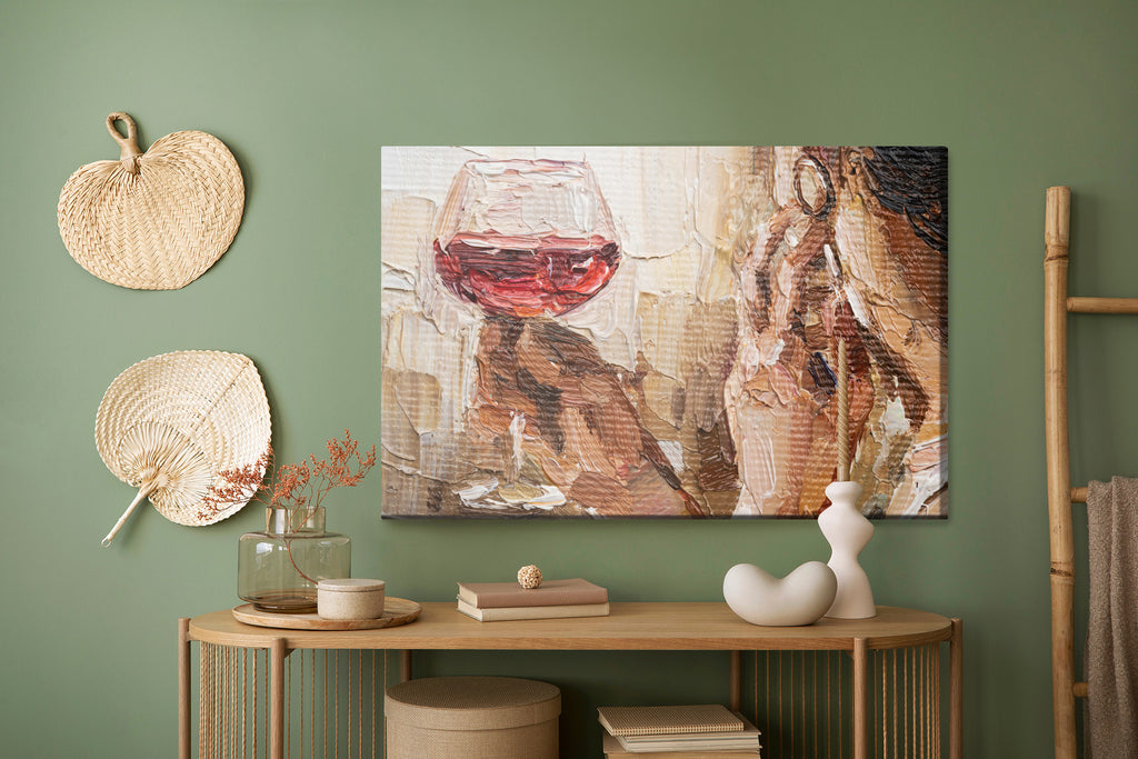 Obraz Na Płótnie Fragment Of Artwork Where Beautiful Attractive Young Woman Holding A Glass Of Red Wine. Oil Painting On Canvas.