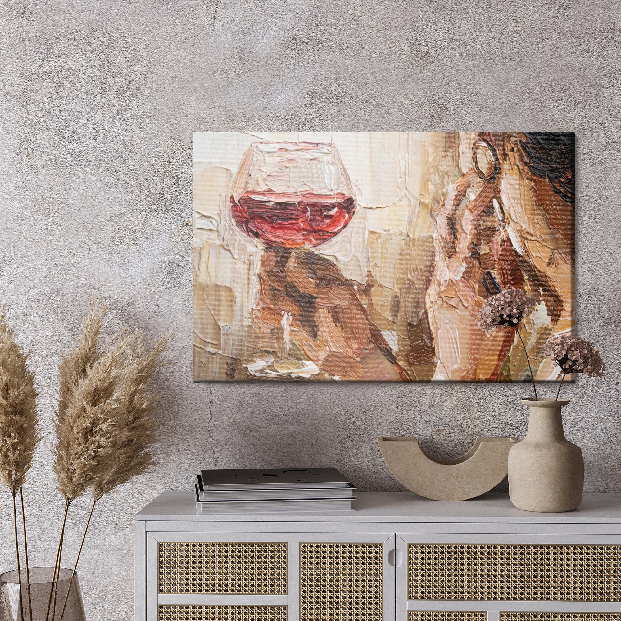 Obraz Na Płótnie Fragment Of Artwork Where Beautiful Attractive Young Woman Holding A Glass Of Red Wine. Oil Painting On Canvas.